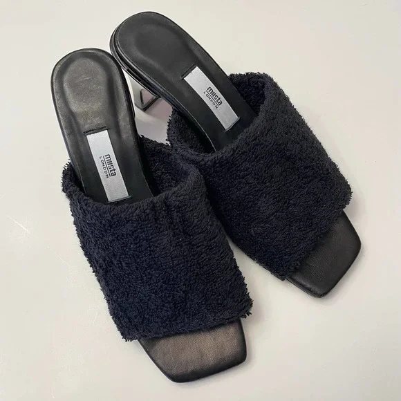 NWOB MIISTA London Wendy Black Towel Mule Sandals Size 37 Shoes Square Toe - Picture 2 of 11